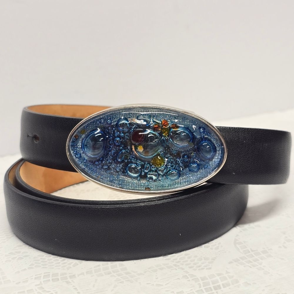 Qualheim Bollorini Womens Belt Bubble Murano Art Glass Buckle & Black Leather L